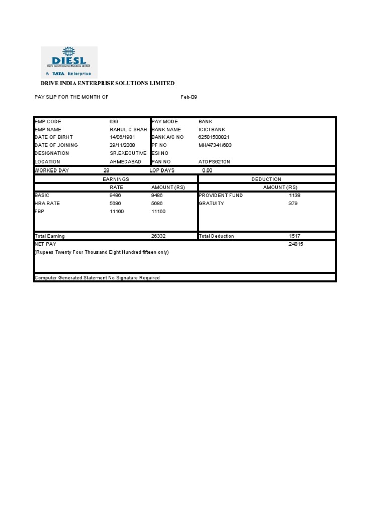 salary slip format pdf scribd india salary slip format india free download