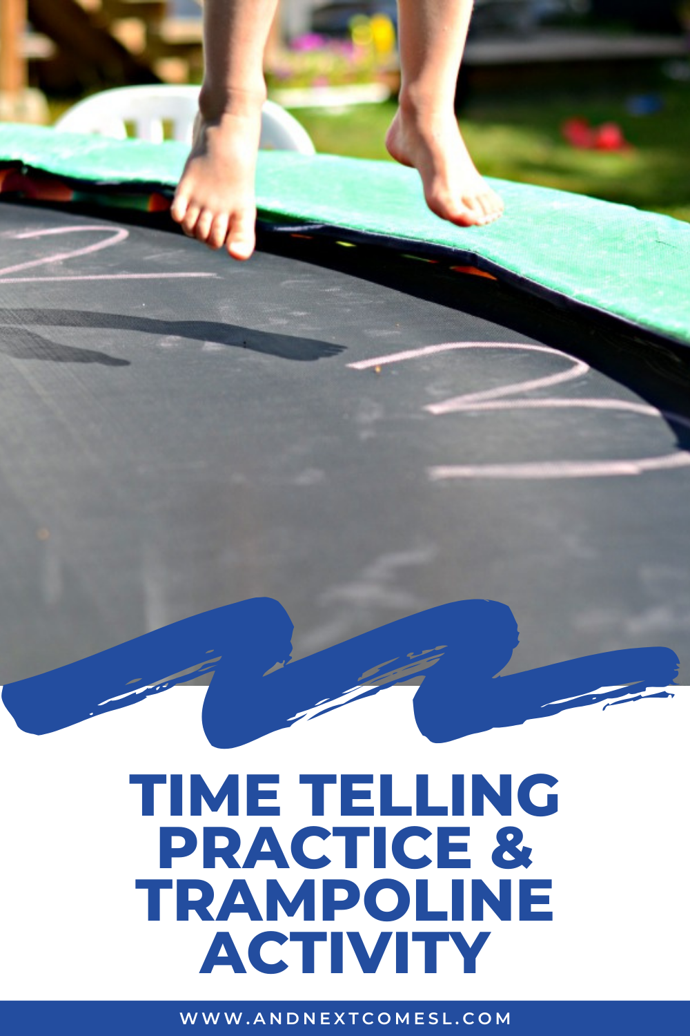 A fun gross motor trampoline clock activity for kids for time telling practice