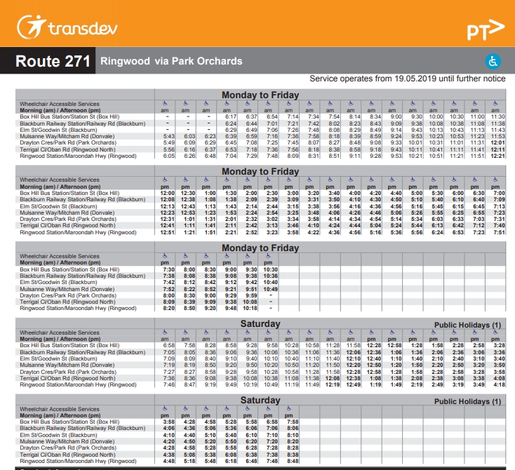 Melbourne on Transit Timetable Tuesday 33 271 to the orchards late at night but not on Sunday
