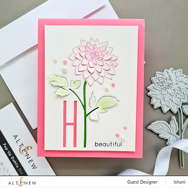 Altenew Pop up Dahlia card, CAS Floral card, Altenew floral card, Die cut card, Quillish, Pretty and delicate floral card