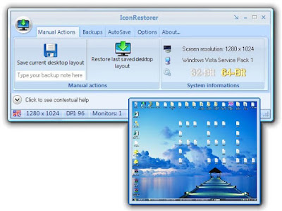 IconRestorer es un programa que nos permite guardar y posteriormente cargar la configuración en pantalla de nuestros iconos de escritorio.