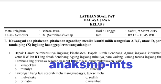 Soal Pat Bahasa Jawa Kelas 9 Anak Smp Mts