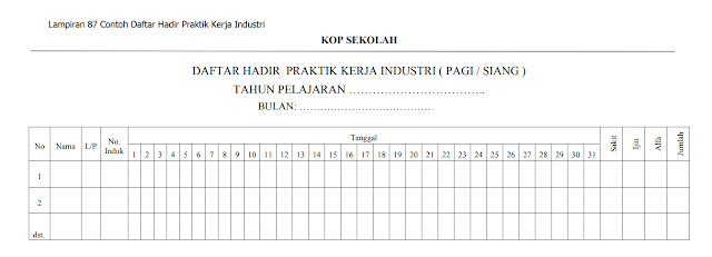 Contoh Daftar Hadir Praktik Kerja Industri (Pagi dan Siang)