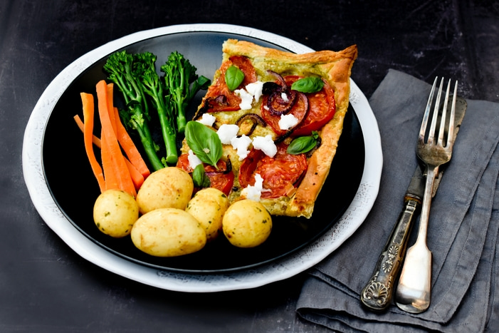 Puff Pastry Tomato, Onion & Feta Tart served with baby potatoes, carrots and tenderstem broccoli