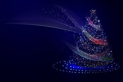 Propuestas interesantes para las fiestas. Árbol de navidad luminoso, con fondo azul.