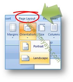 Gambar: Cara merubah orientasi kertas Portrait menjadi Landscape atau sebaliknya, di Microsoft Word 2007