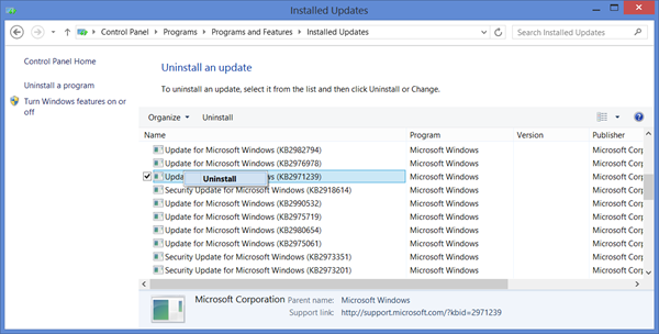 ถอนการติดตั้ง Windows Updates