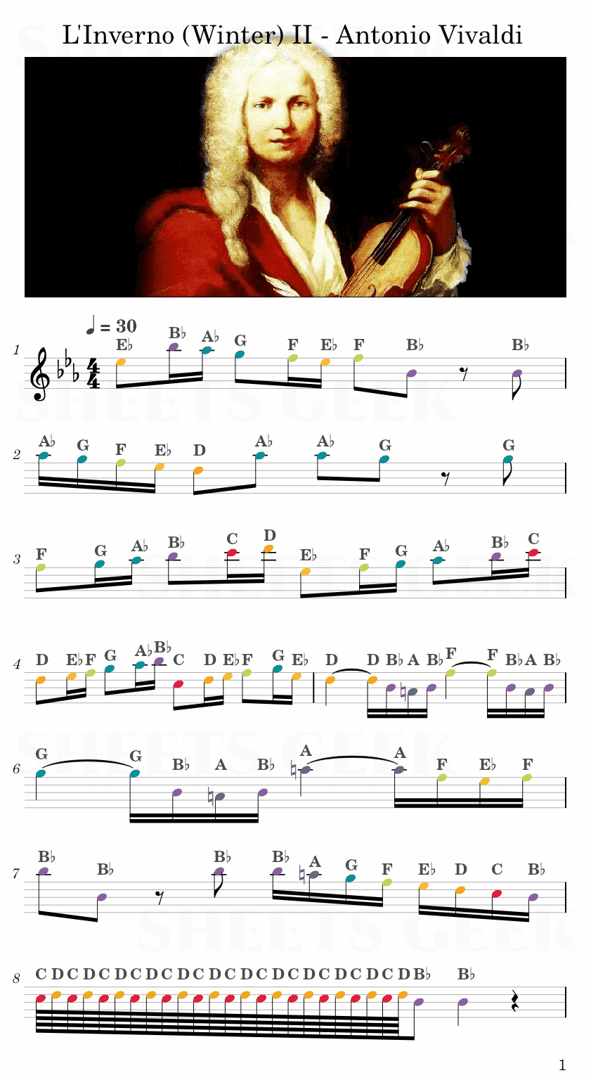 L'Inverno (Winter) II - Antonio Vivaldi Easy Sheet Music Free for piano, keyboard, flute, violin, sax, cello page 1