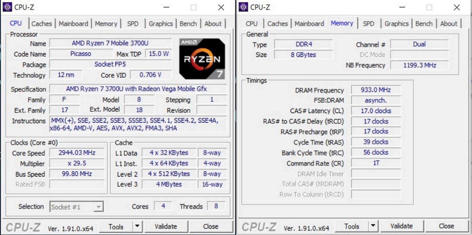 CPU-Z Asus Zenbook 14 UM431DA AM701T