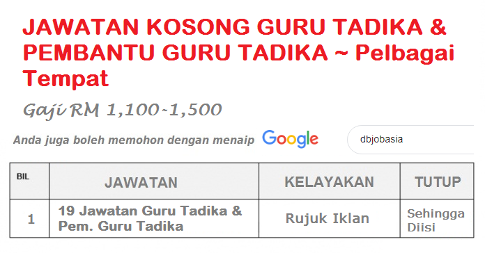 19 Jawatan Kosong Guru Tadika dan Pembantu Guru Tadika Pelbagai Tempat