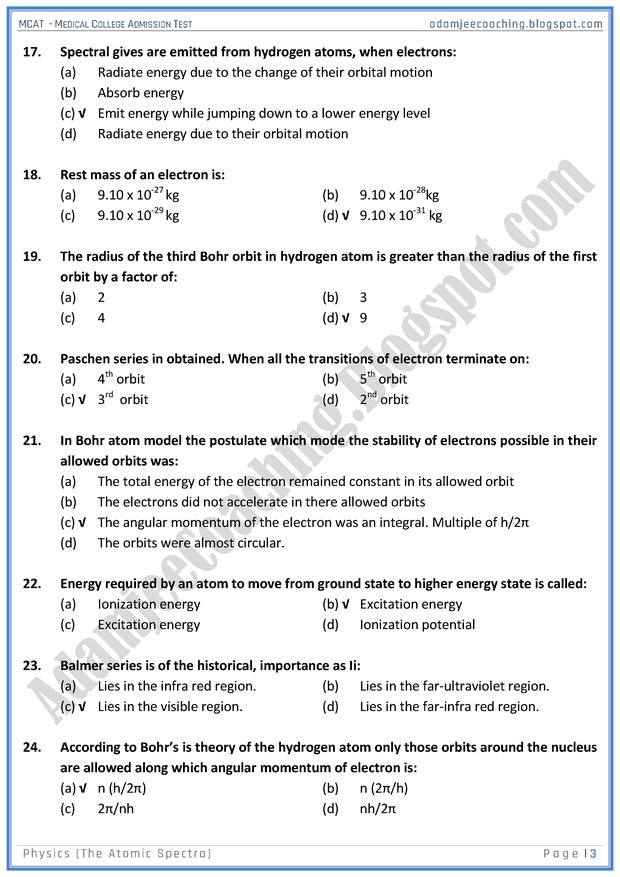 Adamjee Coaching MCAT Physics [The Atomic Spectra] Mcqs for Medical