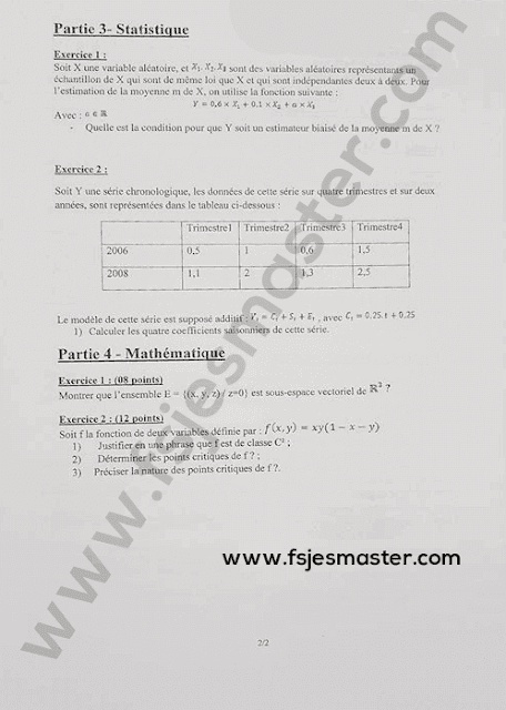Exemple de Concours Master Économétrie Statistique et Modélisation Appliquées (ESMA) 2017-2018 - Fsjes Souissi
