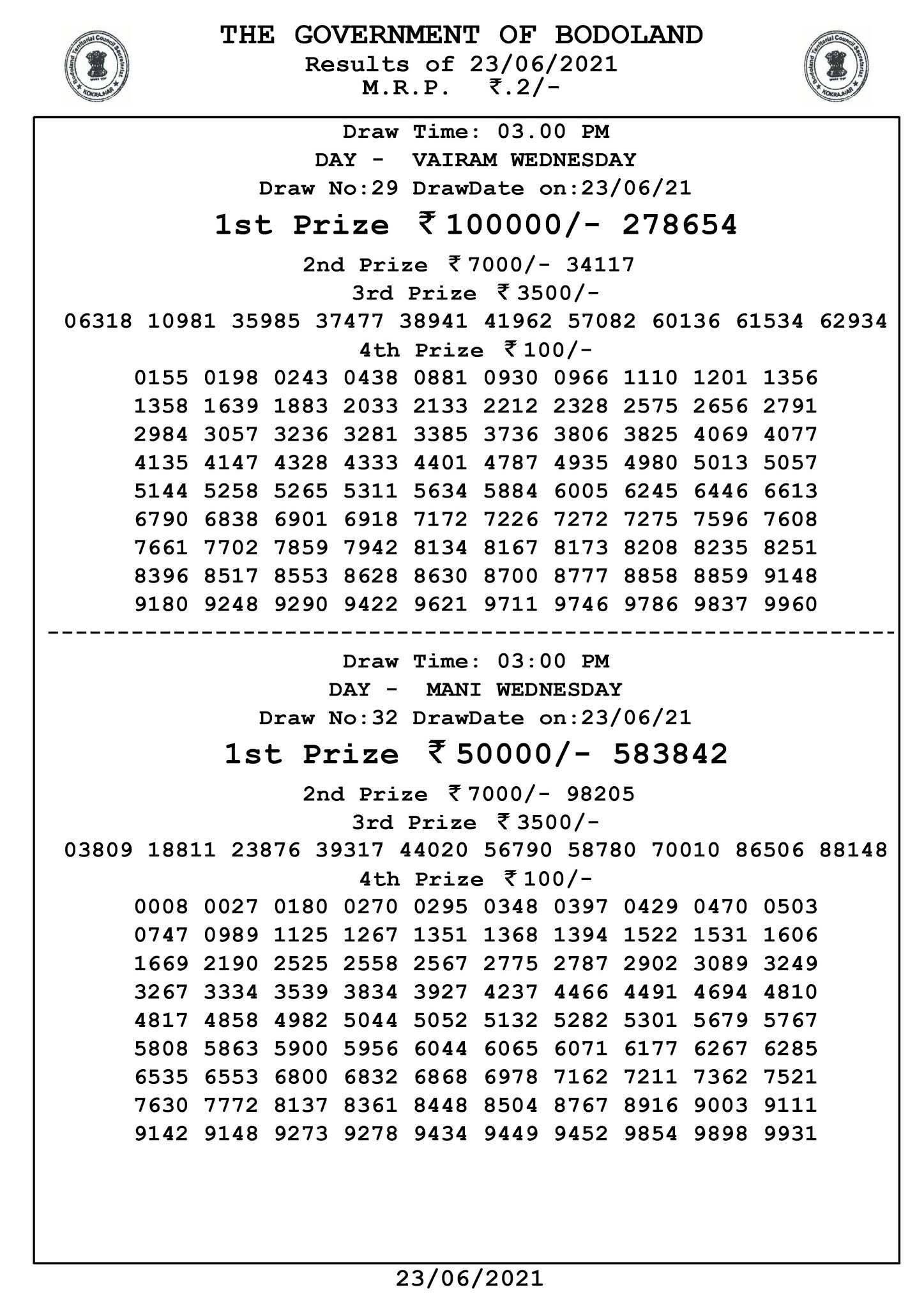 Bodoland Lottery Result Today Bodoland Lottery Result Today