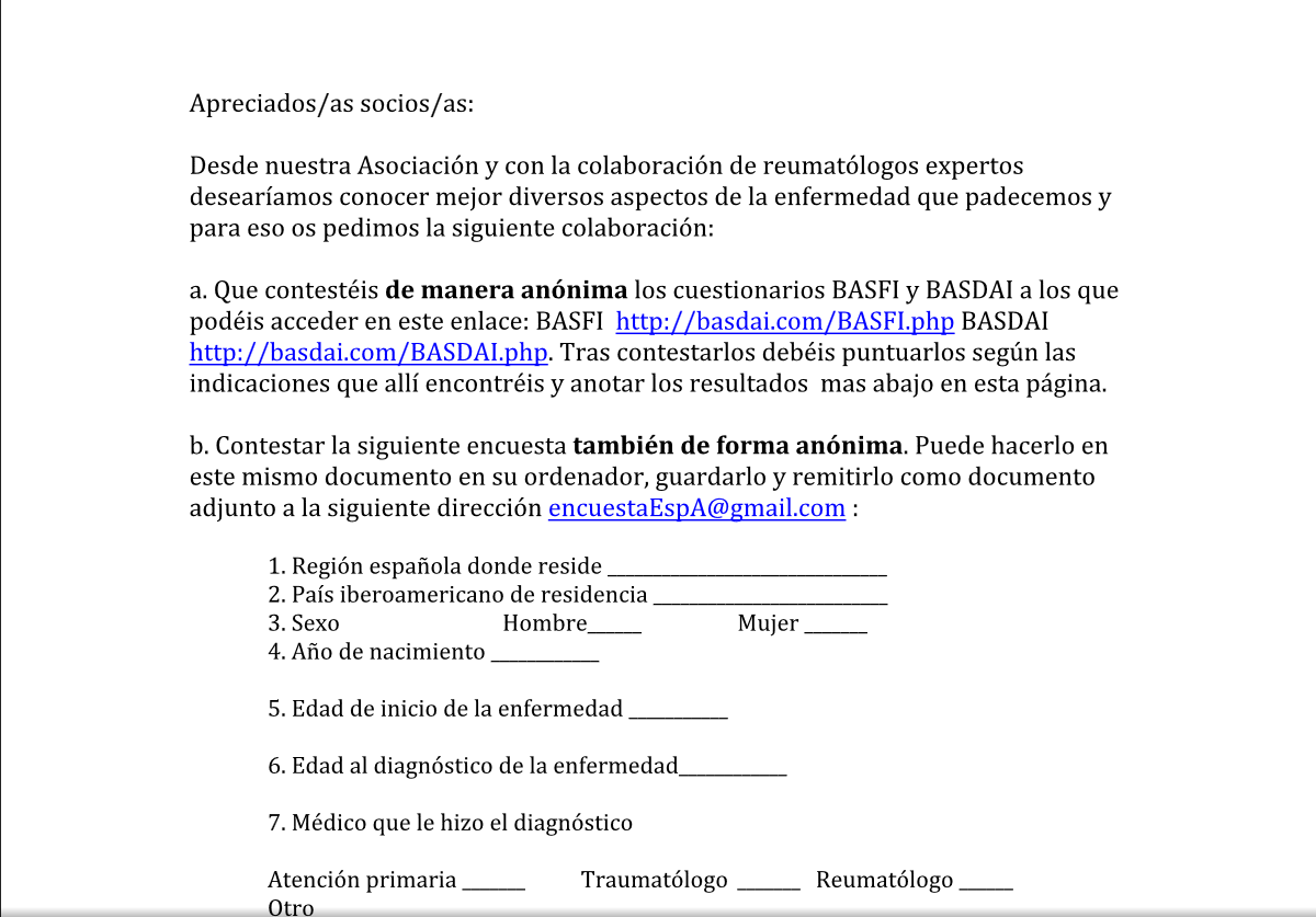 ¡IMPORTANTE SU COLABORACIÓN! ENCUESTA SOBRE ESPONDILITIS (EA)