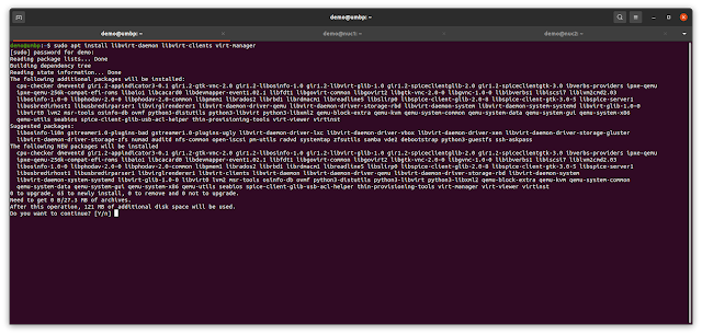 the command "sudo apt install libvirt-daemon libvirt-clients virt-manager" and the output of apt displaying all of the additional packages to be installed