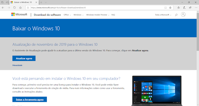 No site da Microsoft, clique em Baixar a ferramenta agora