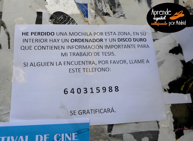 Aprende español callejeando por Madrid: Se busca he perdido mi mochila