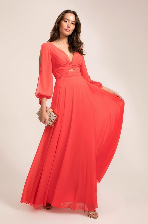 vestido longo coral para madrinha de casamento dia