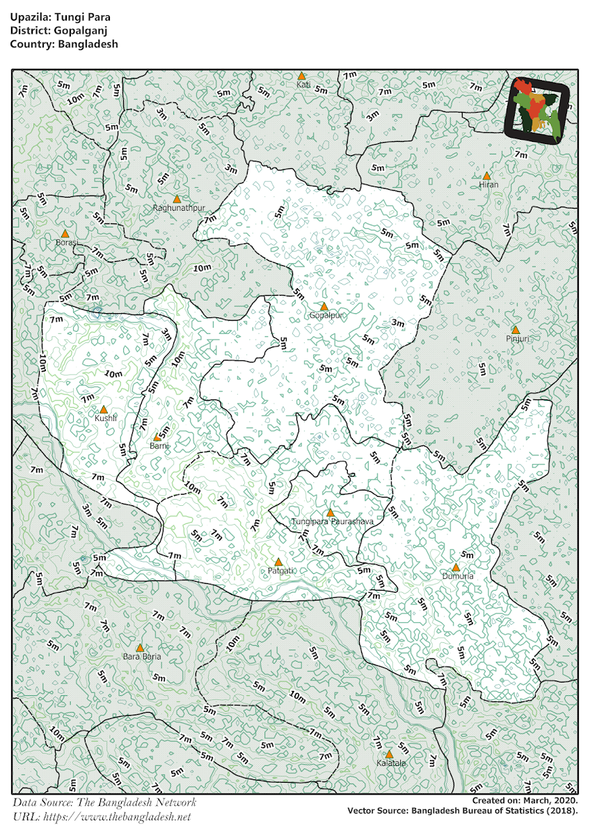 Tungipara Upazila Elevation Map Gopalganj District Bangladesh