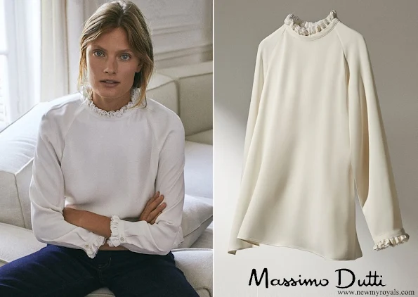 Queen Maxima wore Massimo Dutti shirt with frilled collar and sleeves