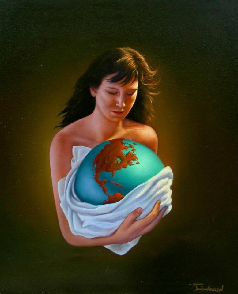 Обнимает планету. Джим Уоррен (Jim Warren) (р.1949). Девушка на земном шаре. Человек обнимает планету. Женщина с планетой в руках.