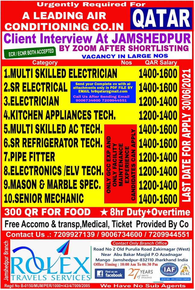 QATAR JOBS REQUIRED FOR A LEADING AIR CONDITIONING CO. IN QATAR