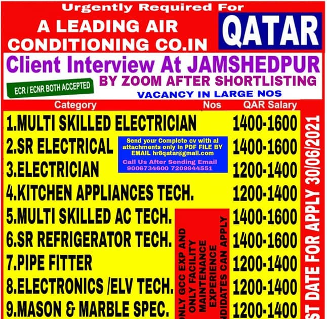 QATAR JOBS REQUIRED FOR A LEADING AIR CONDITIONING CO. IN QATAR