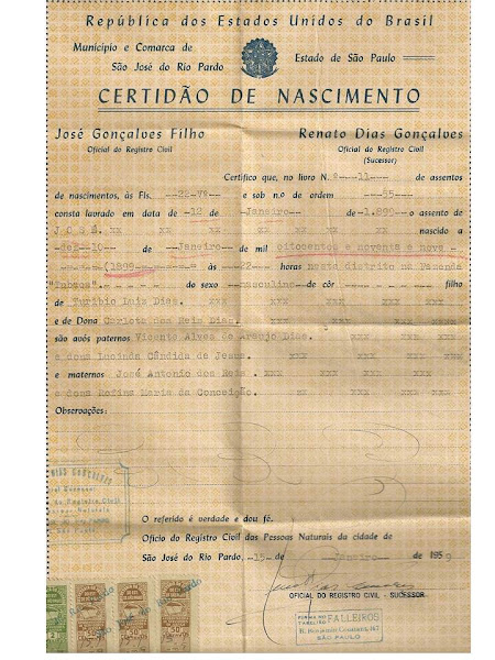 Certidão de nascimento José Luiz Dias