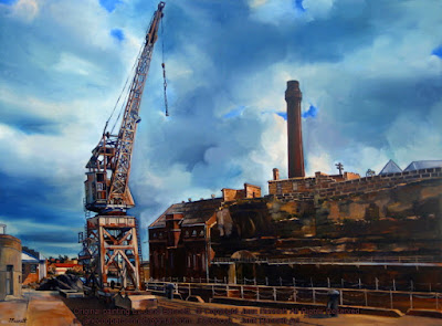 Plein air painting of industrial heritage, crane at Sutherland Dock Cockatoo Island painted by industrial artist Jane Bennett