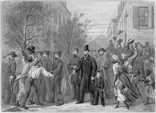 Painting of Abraham Lincoln being greeted by jubilant former slaves and union supporters