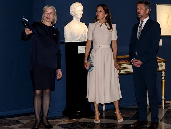 Crown Princess Mary wore a new puff-sleeve belted wool dress by Beulah London. Beulah Ahana midi dress. Queen Margrethe and Crown Prince Frederik