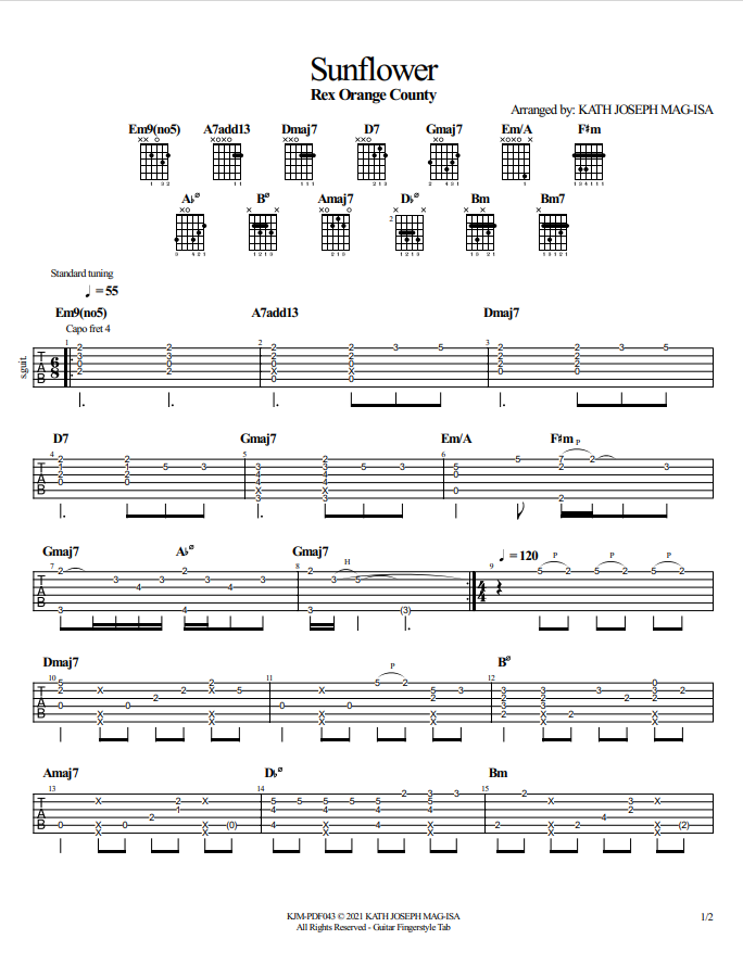 Sunflower Rex Orange County Guitar Fingerstyle Tabs Guitar