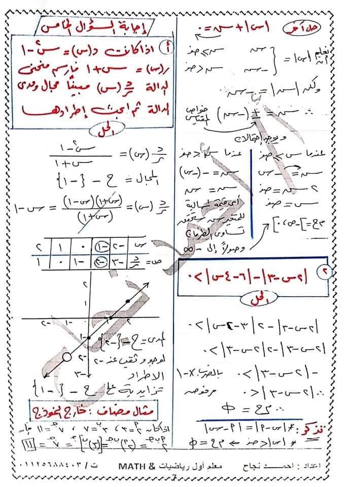 اجابات نماذج اختبارات الكتاب المدرسي جبر 2 ثانوي الترم الاول أ/ احمد نجاح  7