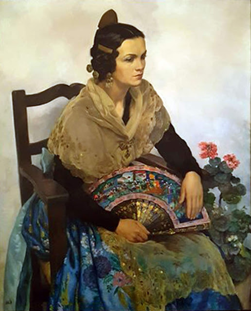 Lluís Dubon Portolés,  Pintor Valenciano, Luís Dubon Portolés, Pintura Retrato de Valenciana, Costumbrista Valenciana, Valeciana con abanico, Pintura Valenciana, Valencianas en pintura