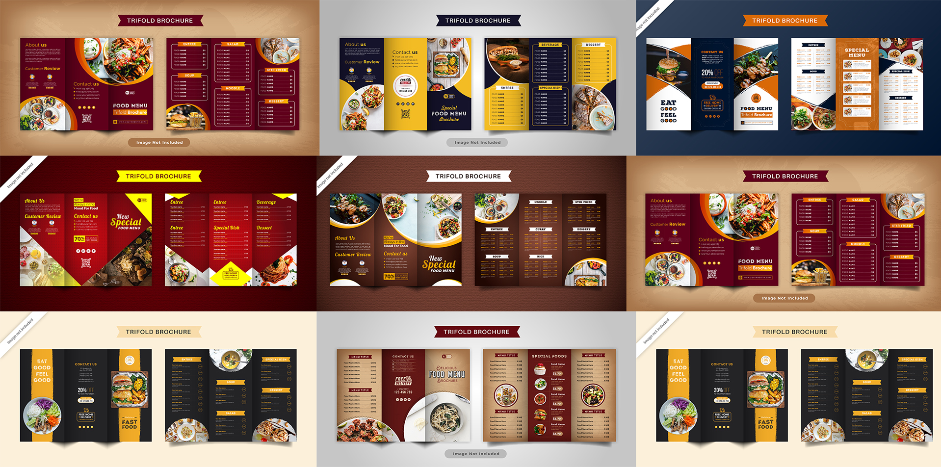 Free download food brochure 7 professional designs 2 set in vector format تحميل بروشور طعام مجانا 7 تصميمات احترافية مجموعة 2 بصيغة فيكتور ويمكنك تحويلها فيكتور