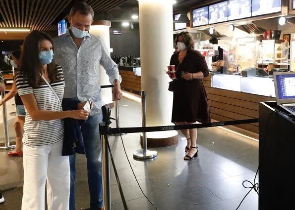 King Felipe and Queen Letizia went to a movie theater. Mango striped t shirt, Zara collection t-shirt striped v-neck short sleeve