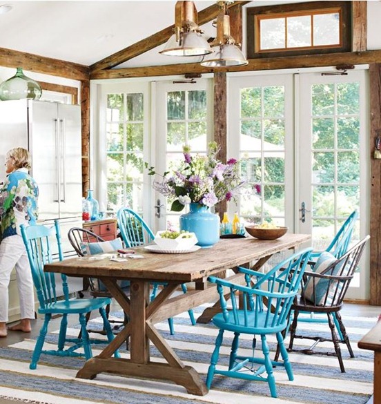 Rooms of Inspiration Rustic Dining Room with Turqouise Chairs