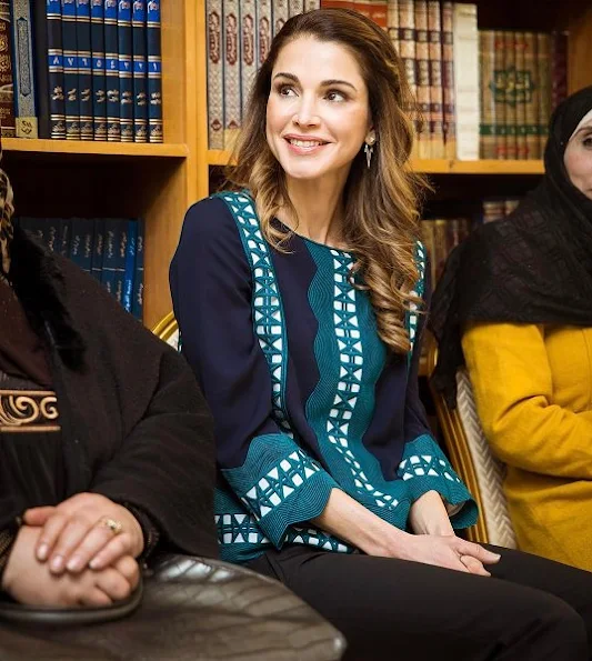 Queen Rania of Jordan visited the Community Center Association (CCA) in Al Zarqa, Jordan. Style of Queen Rania wore Balmain blouse