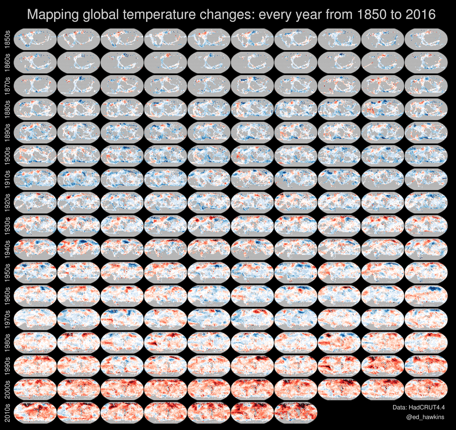 Mapping global temperature change: every year from 1850 to 2016