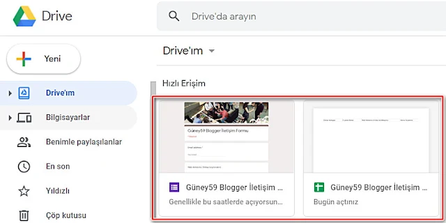 8. Şimdi, Google Drive giriş yapın. Aşağıdaki resimde görüldüğü gibi iki dosya göreceksiniz. a. Hazırladınız İletişim formu b. Hazırladığınız formun bir mail işlemcisi gibi çalışabilmesi için, E-Tablo "Ofice programında görüntüsüne alışık olduğunuz .exel tablosu gibi Forum veri E-Tablonuz. resmi inceleyin.