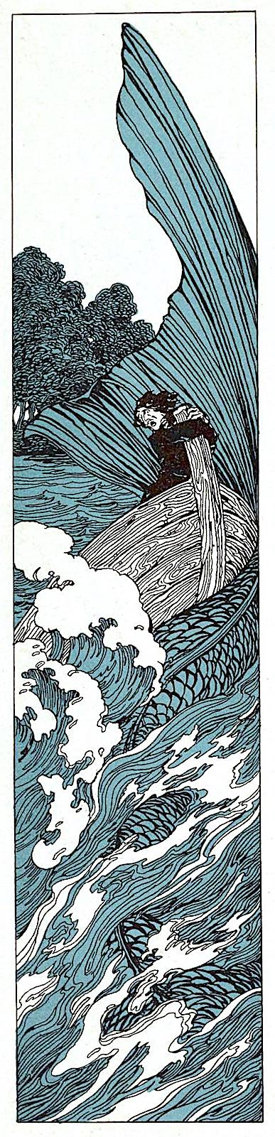 Heinrich Lefler 1900 illustration a Heinrich Lefler 1900 illustration of a giant fish attacking a man in a small boat