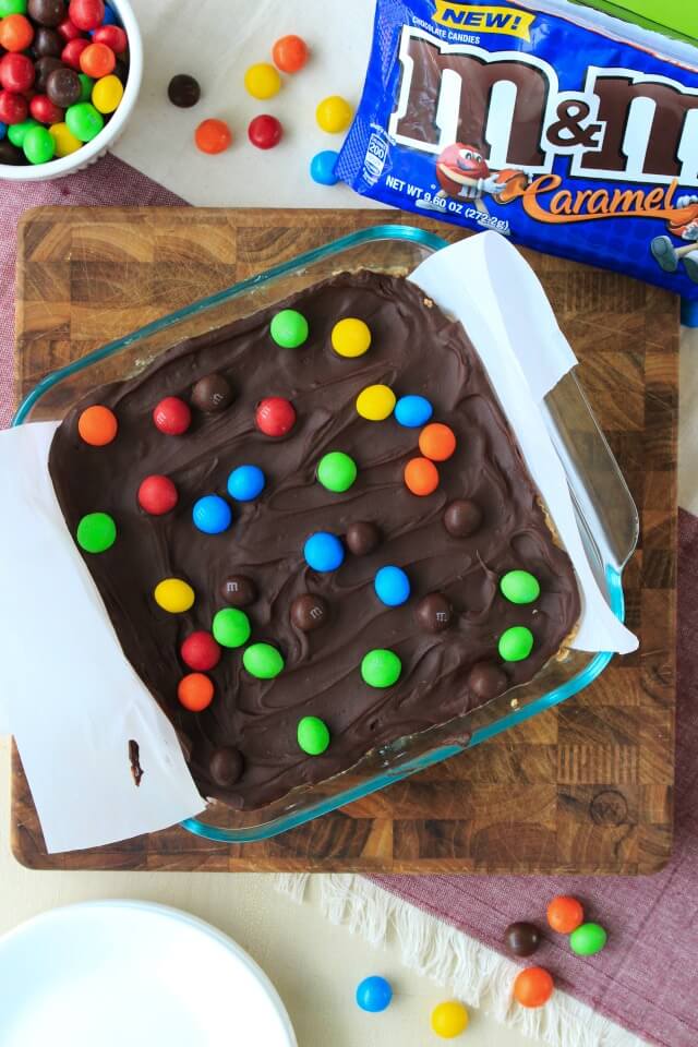 Oatmeal Caramel Bars made with M&M'S® Minis Chocolate Candies