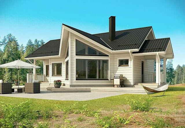 one story finnish house with a veranda