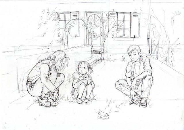 Edward, Alphonse Elric et Elysia Hugues dans un jardin - crayonné FMA
