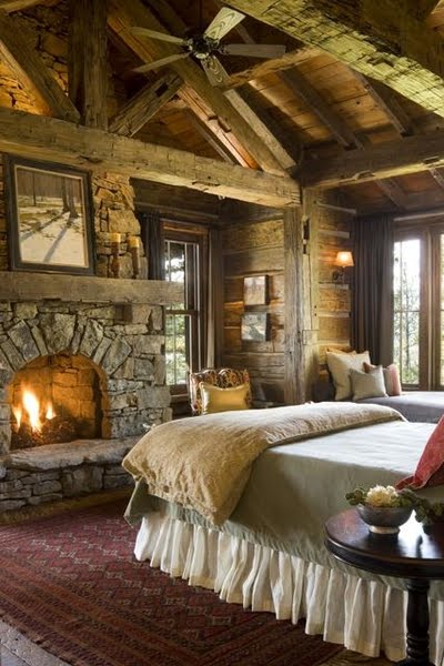 Log Cabin Bedroom with Fireplace