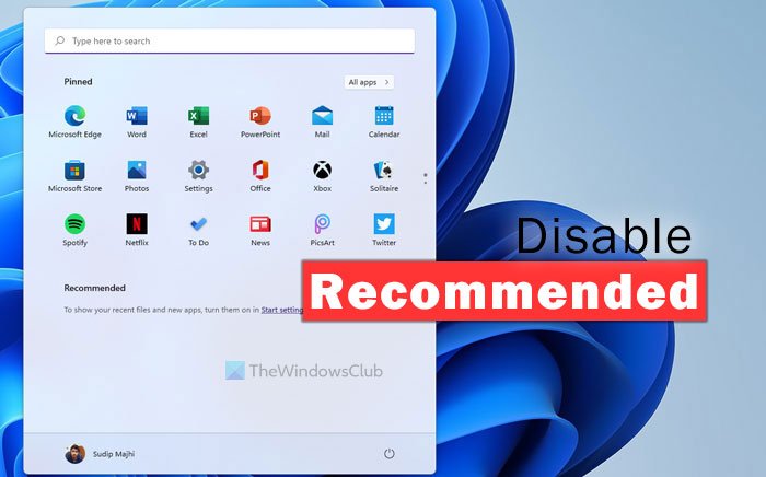 Как показать или скрыть рекомендуемый список в меню «Пуск» в Windows 11