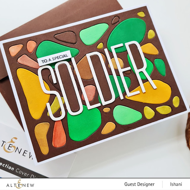Card for a soldier, Altenew calming reflections die, Camouflage pattern card, Card for Army man, Card for marine, Altenew coverplate die card, Quillish , Ishani