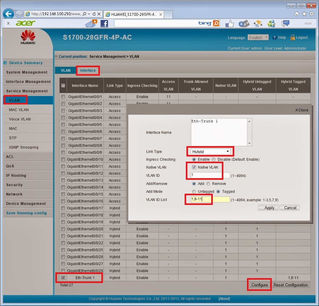 Chandler Huawei S1700 Giga switch Trunk and VLAN setting