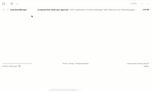 Gmail'de envanter isteğini onaylamak için Appsheet'i kullanma örneği