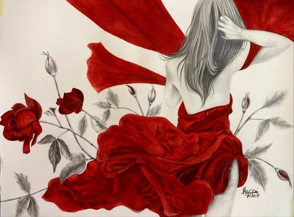 Алый печаль. Девушка с черными розами рисунок. Девушка в поле алых роз рисунок.